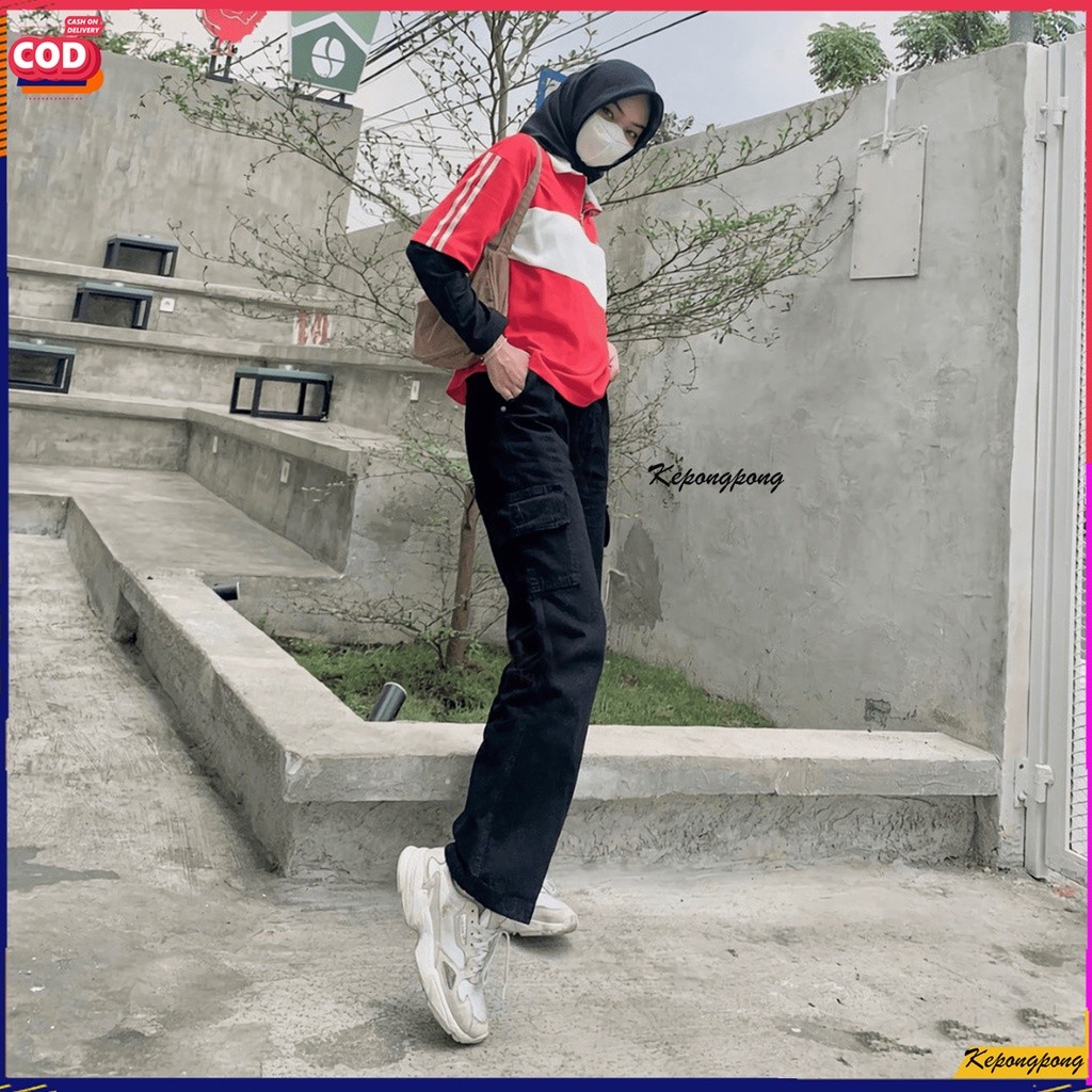 Celana Jeans Wanita Boyfriend Cargo ootd - Boyfriend Cargo Jeans Black Hitam