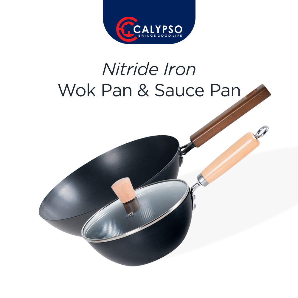 Calypso Sauce Pan Wok Pan Wajan Penggorengan Nitride Iron 20cm-32cm Gagang Kayu Anti Lengket terlari