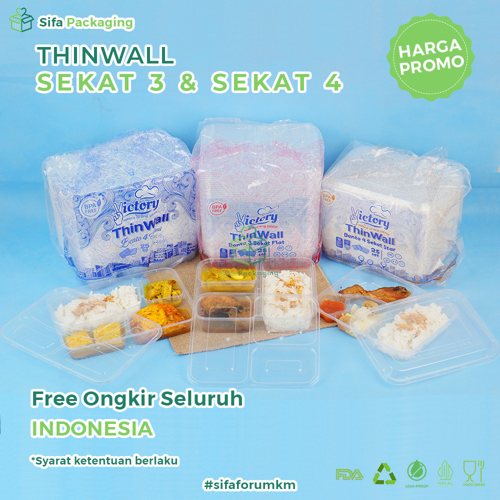 Thinwall Bento Sekat 3 + Tutup Kotak Makan Sekat 4 Box Kotak Nasi Catering Kotak Bekal Makanan Wadah