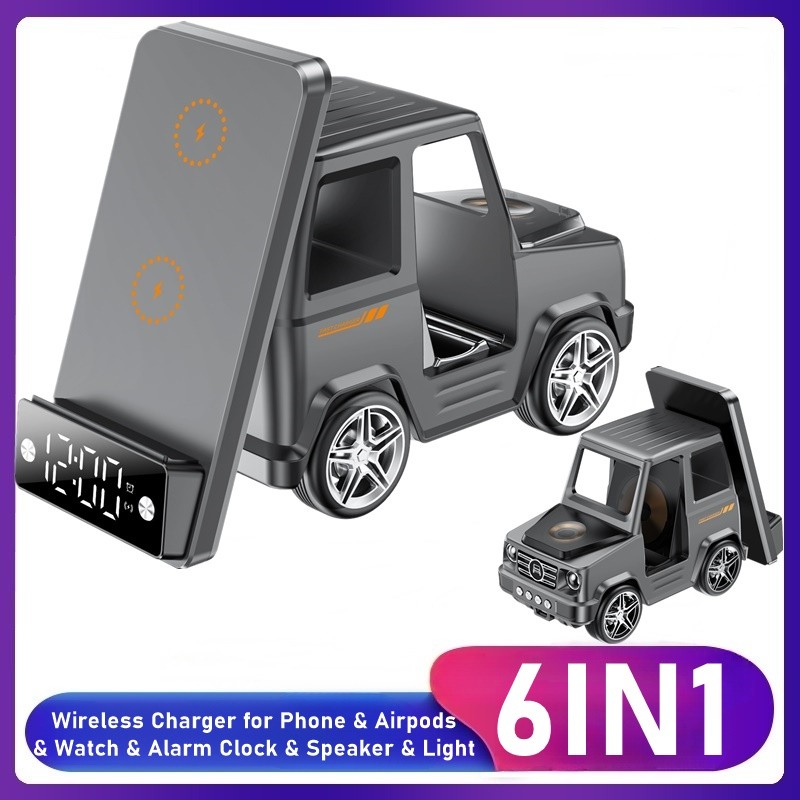 6IN1 Alarm Clock Bluetooth Speaker RGB Night Wireless Charger Stand For Iphone 11 12 13 14 15 16 Pro