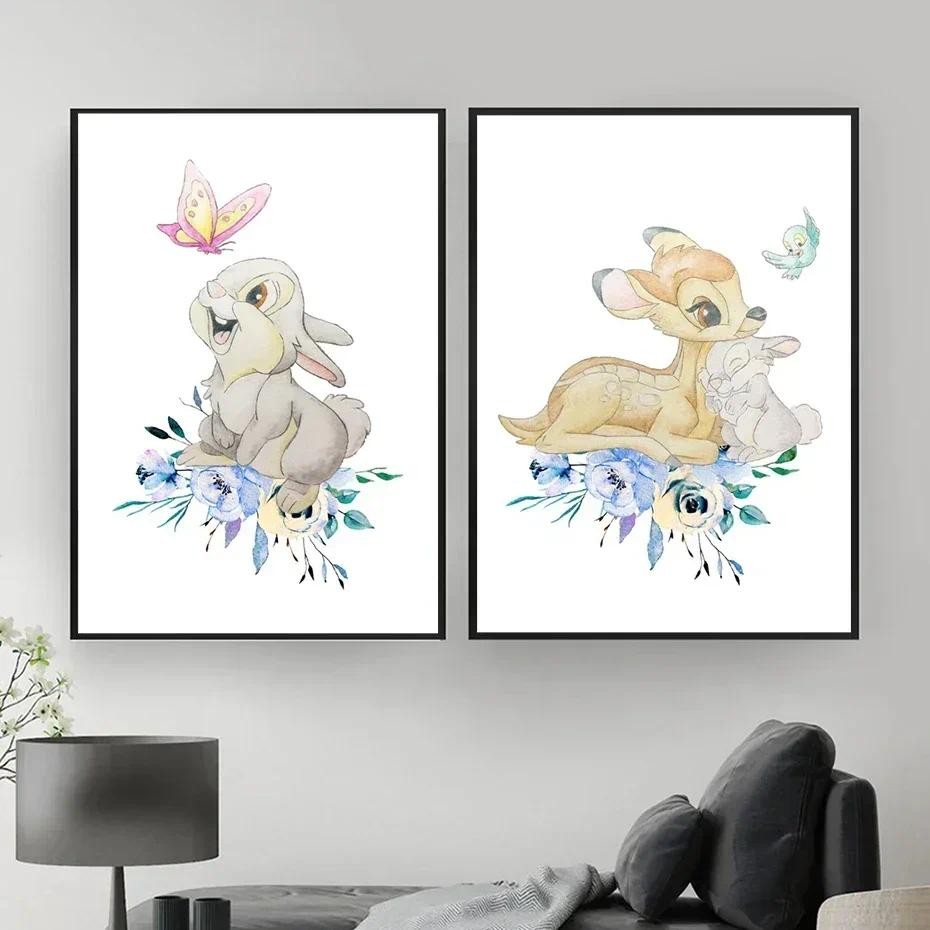

Lovely Disni Deer and Rabbit Canvas Painting Watercolor Cartoon Posters Prints for Kids Bedroom Nursery Wall Art Decor Baby Gift