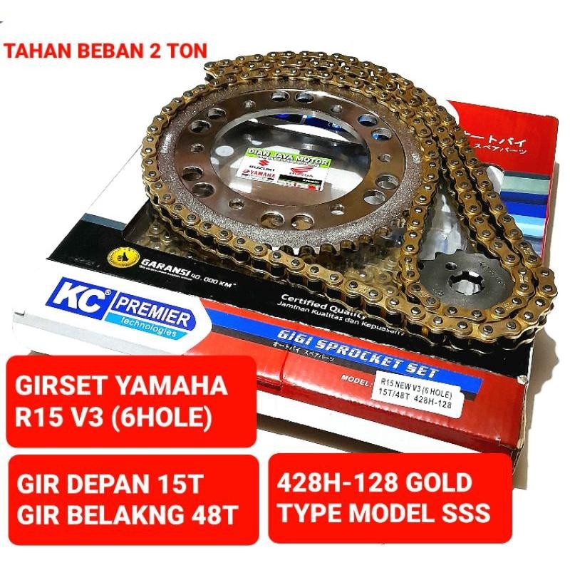 ( KCP) Girset kc Premier Yamaha R15 New V3 (6 HOLE) 15T/48T/428H-128 Rantai gold sss Baja asli gears
