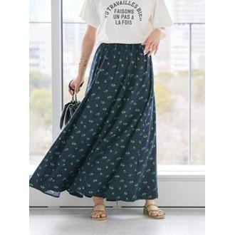 Rok Wanita - Bobo Tokyo - Hibiki Gathered Flare Skirt Flower Navy Kain Karet - L