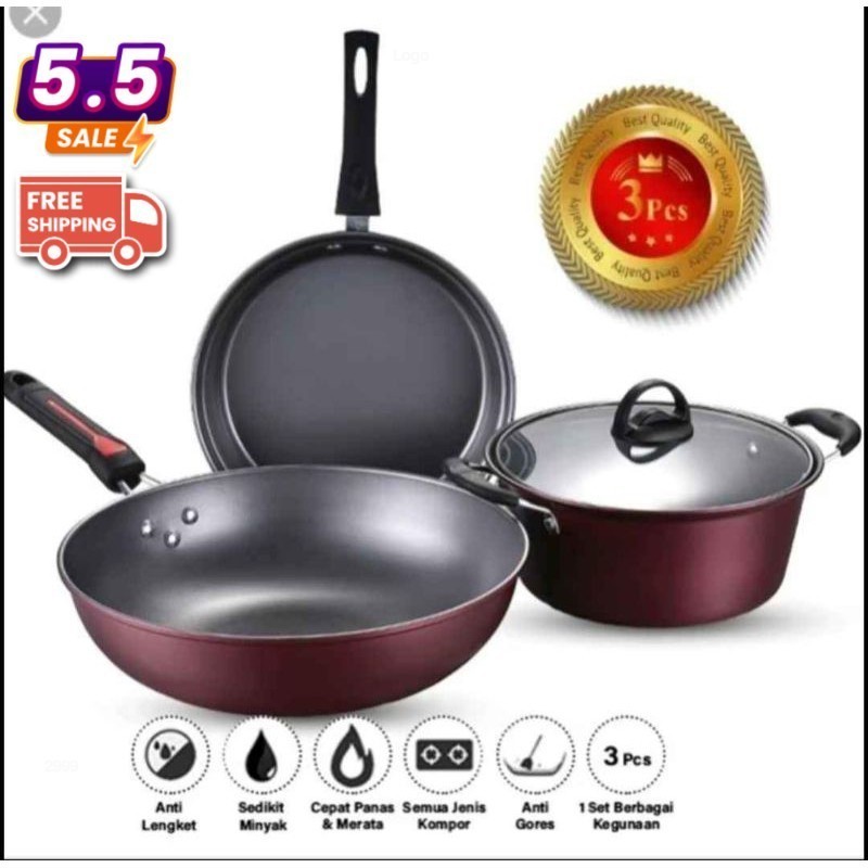 PANCI TEFLON SET 3 PCS -  Panci Wajan Teflon HAPPY BIRD SET