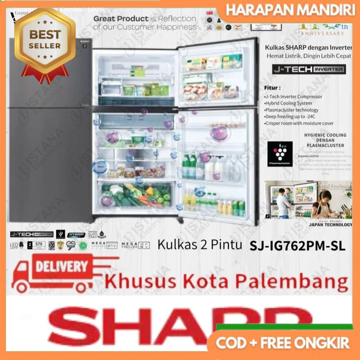 SHARP KULKAS 2 PINTU GRAND VETRO INVERTER 570 LITER SJ-IG762PM-SL