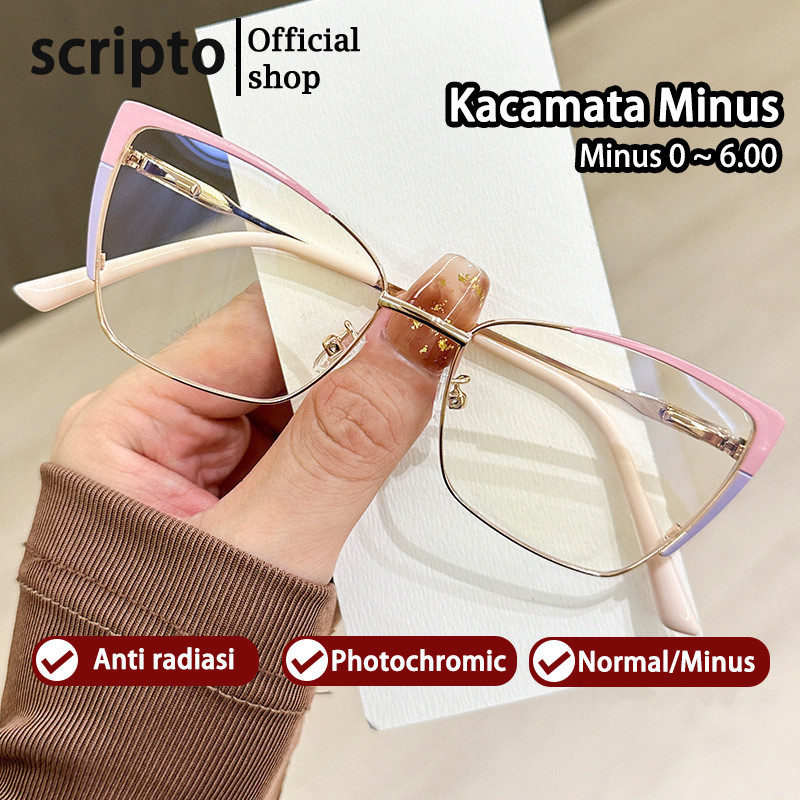 Scripto  Kacamata Photocromic Minus Wanita Cat Eye Bluecromic Anti Blueray Silinder Kaca Mata Optik