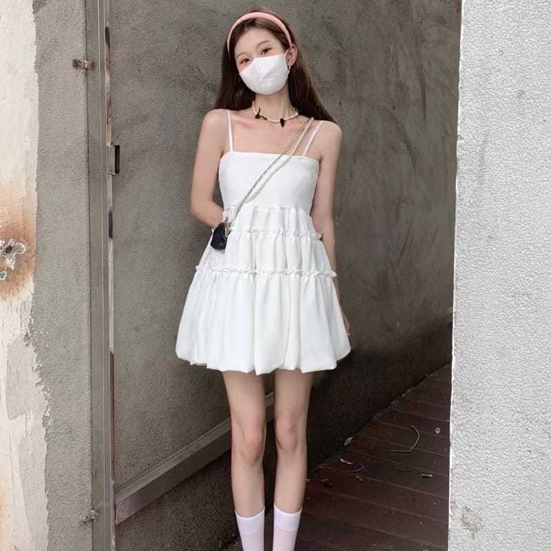 LINFORD - ZER MINI DRESS ELIA GAUN PUTIH PANTAI TALI PUNDAK RUFFLE BAJU SEKSI REMAJA DEWASA LUCU / F