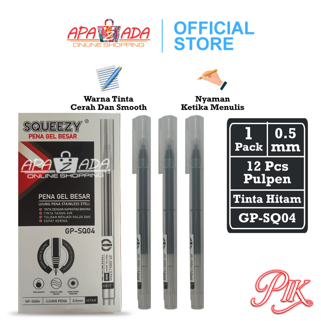 

Apazada Gel Pen / Pulpen Gel Tinta Hitam 0.5mm [1 Pack - 12 Pcs Pulpen] / Pena Squeezy Smooth / Pen GP-SQ04
