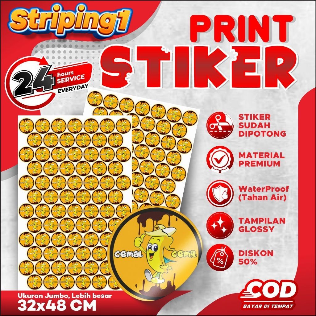 

Cetak Sticker Custom Label Kemasan A3+ Untuk Toko Olshop Makanan Minuman Toples Kaleng Stiker Anti Luntur Free Desain