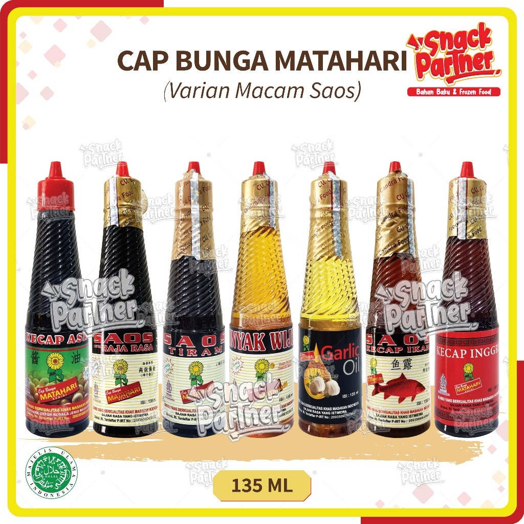 

CAP BUNGA MATAHARI 135 ML - Raja Rasa Minyak Wijen Kecap Ikan Saos Tiram Udang Inggris Tiram Udang Asin Cuka Garlic Oil Bawang Putih