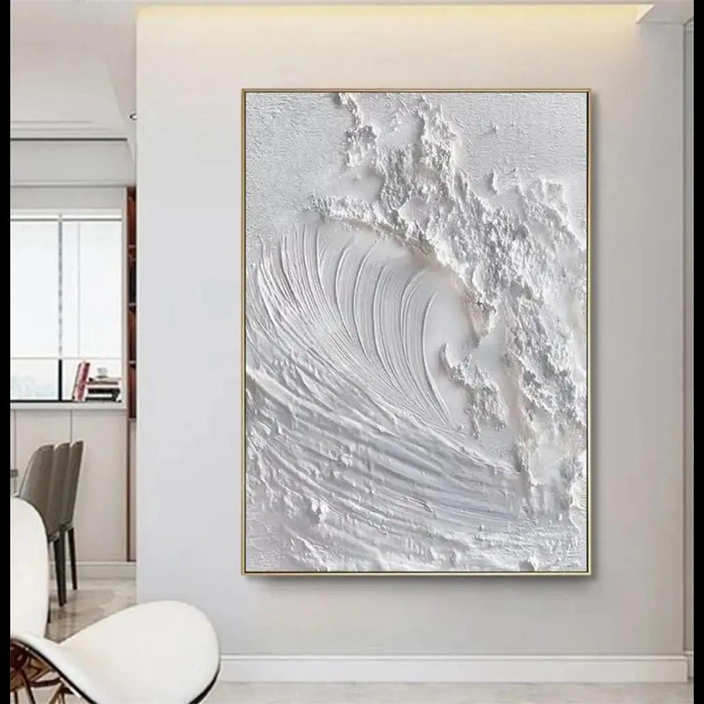 

D White Abstract Minimalist Textured Wall Art Ocean Wave Beach Painting for Canvas WabiSabi Wall Decor for Living Room