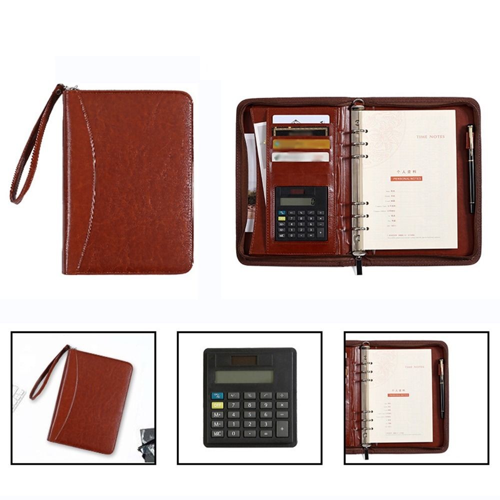 

Portable File Folder 6-Ring PU Leather Portfolio Binder Zippered Closure with Calculator Business Notebook Conference Use