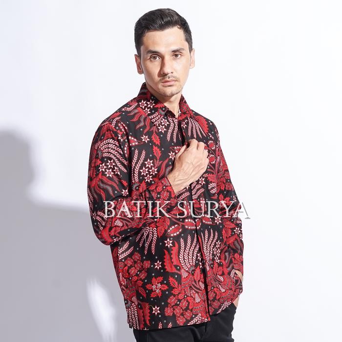Kemeja Batik Pria lengan Panjang motif manggar Merah Batik surya - M