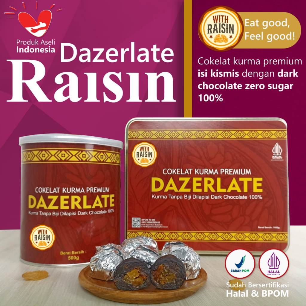 

Dazerlate Raisin - Cokelat Kurma Premium Isi Kismis Dibalut 100% Dark Choco (Zero Sugar Chocolate)