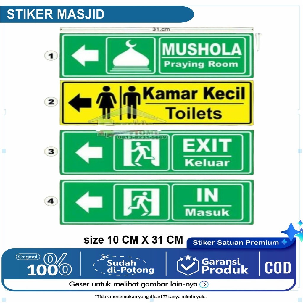 

Stiker arah exit,in,mushola,toilet stok selalu ready