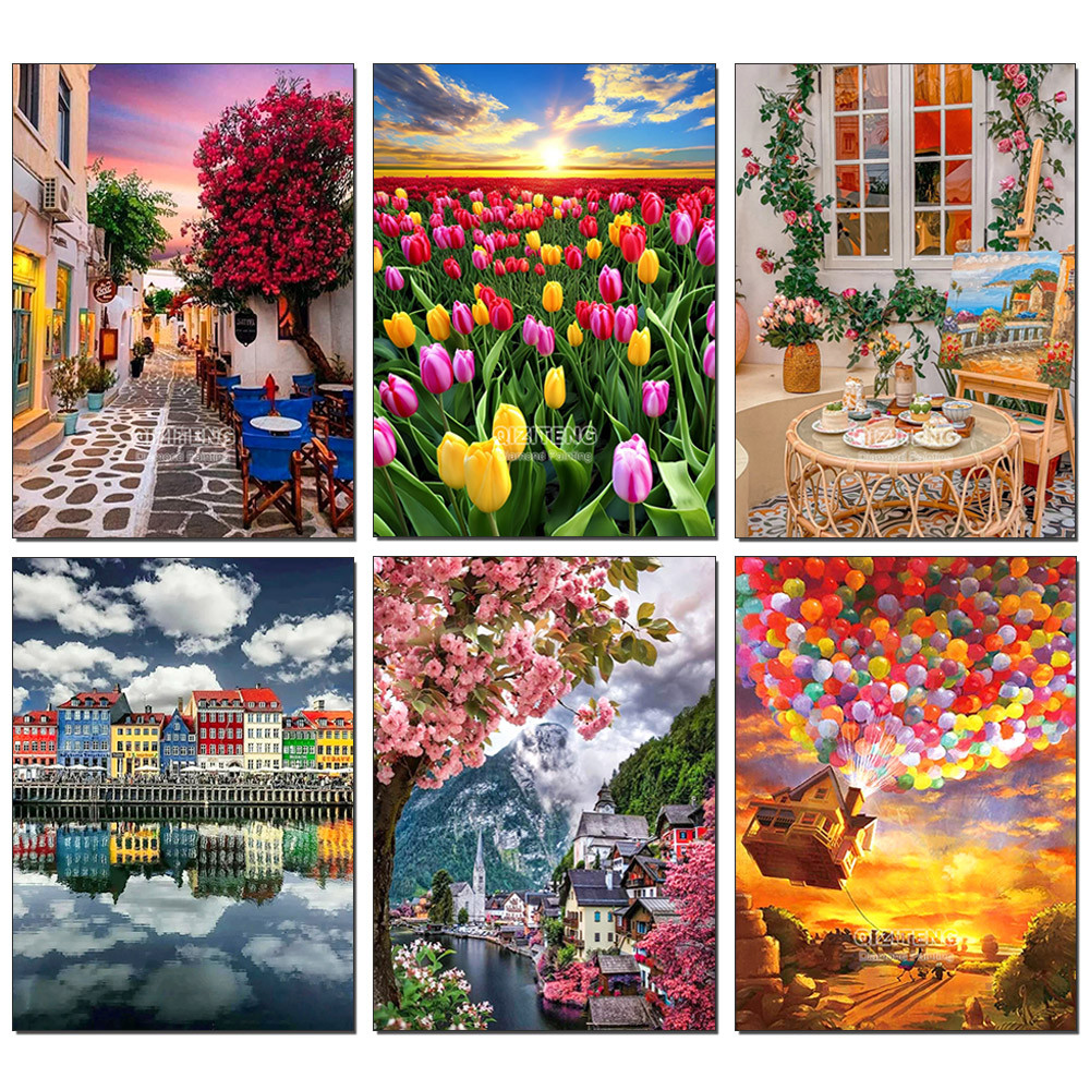

Floral Landscape 5D DIY Diamond Painting Kit City Street Scene Diamond Embroidery Painting Full Drills Mosaic Home Decor Gifts