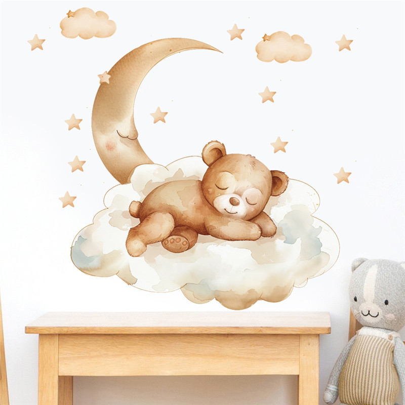 

Cute Bear Sleeping With Moon Cloud Star Wall Sticker Kids Bedroom Decoration Diy Cartoon Safari Mural Art Pvc Poster Home Decal