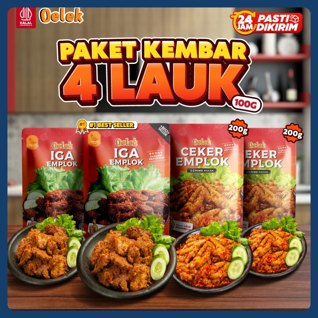 

Oelek Paket Kembar 4 Lauk 100gr / Lauk Siap Saji / Iga Emplok / Ceker Emplok / Cumi Cabe Ijo / Ayam Kecombrang