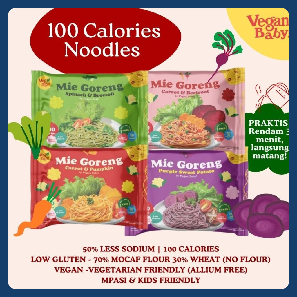 

[Small 35g] 4Pcs Mie Goreng 100 Kalori MIX Varian (BayamBrokoli, WortelBit, WortelPumpkin, UbiUngu)