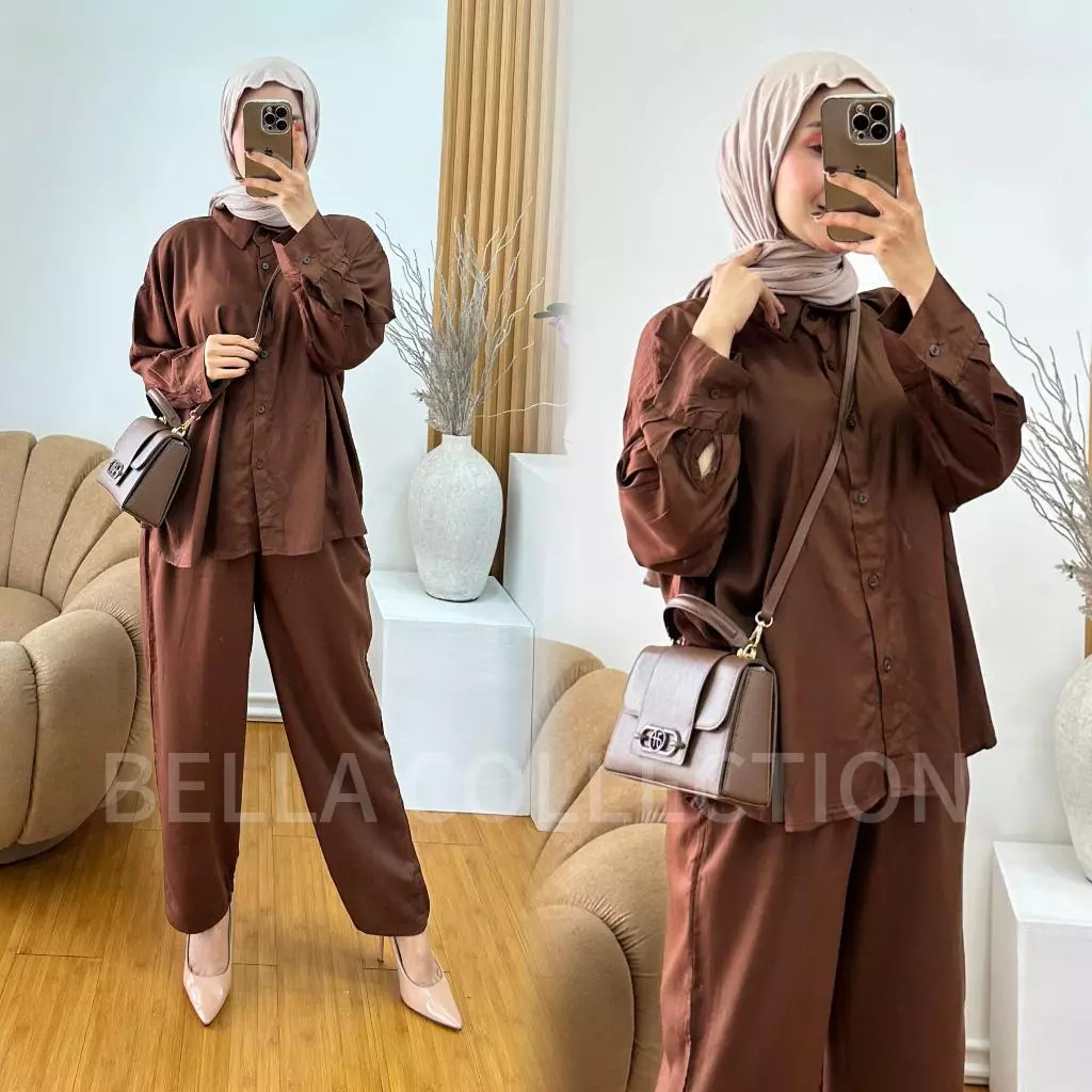 One Set Polos Oversize Rayon Twill Premium Setelan Kemeja Kulot Wanita Kekinian