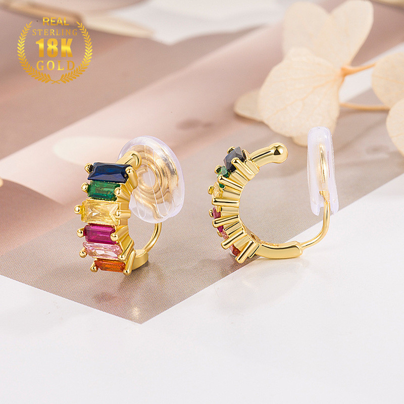 Anting Zircon Warna-warni Emas 18k Baru Untuk Wanita Tanpa Tindik Telinga