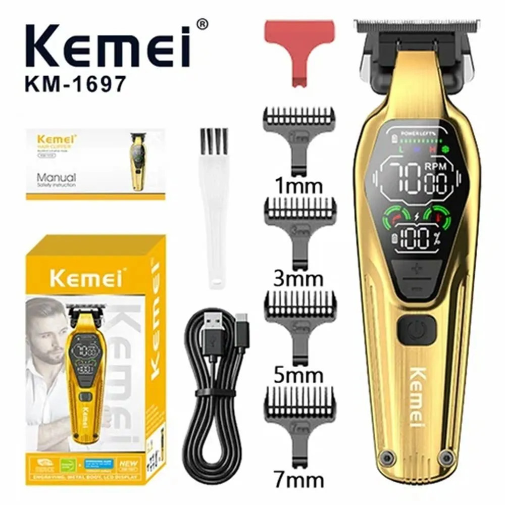 GROSIRUNIK99 KEMEI KM-1697 Hair Clipper Trimmer Cordless LCD T Blade 0mm Carving