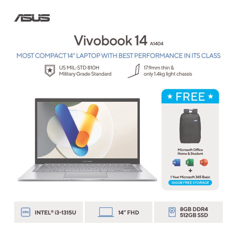 ASUS Vivobook 14 A1404VA-FHD3853M / A1404VA-VIPS3853M - Cool Silver [Intel Core i3-1315U / Intel UHD