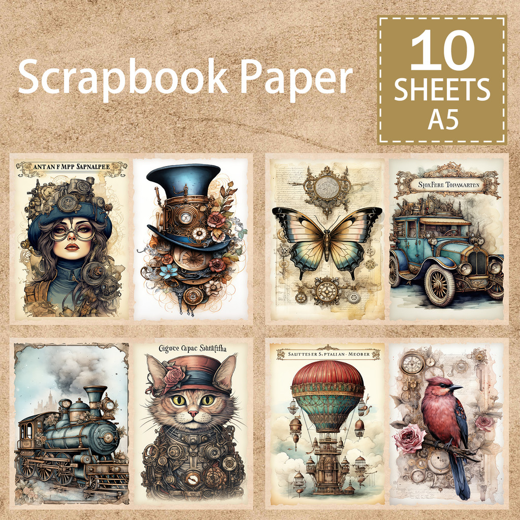 

10 Sheets A5 Size Steampunk Lady Cat Animal Train Background Vintage Grunge Journal Planning Scrapbooking