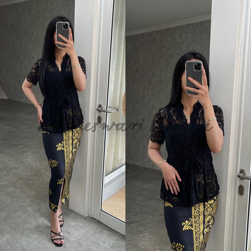 Kebaya Bali Set Brukat Talipita Hitam Lengan Pendek