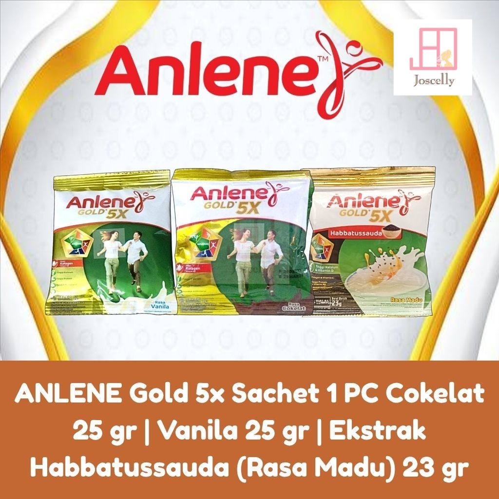 

JOSCELLY.ID ANLENE Gold 5x Sachet 1 PC Cokelat 25 gr | Vanila 25 gr | Ekstrak Habbatussauda (Rasa Madu) 23 gr