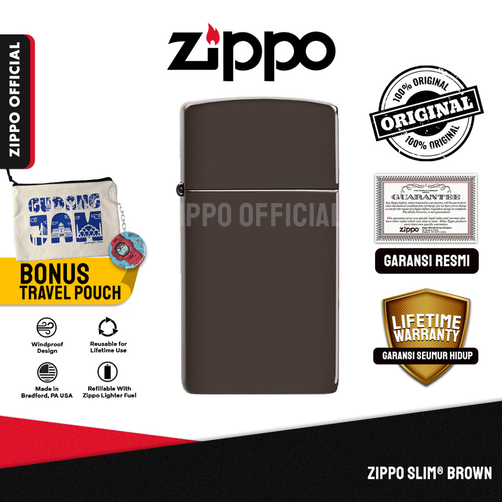 Zippo Slim Brown 49266 | Garansi Lifetime | Original USA