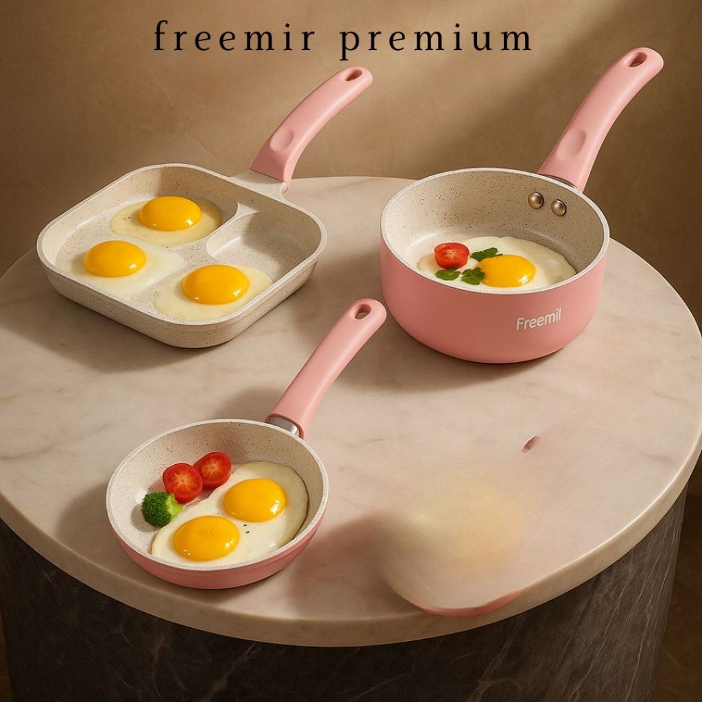 [PREMIUM] Freemir Set 3 Pink 16cm Panci Susu Teflon Anti Lengkap Multifungsi