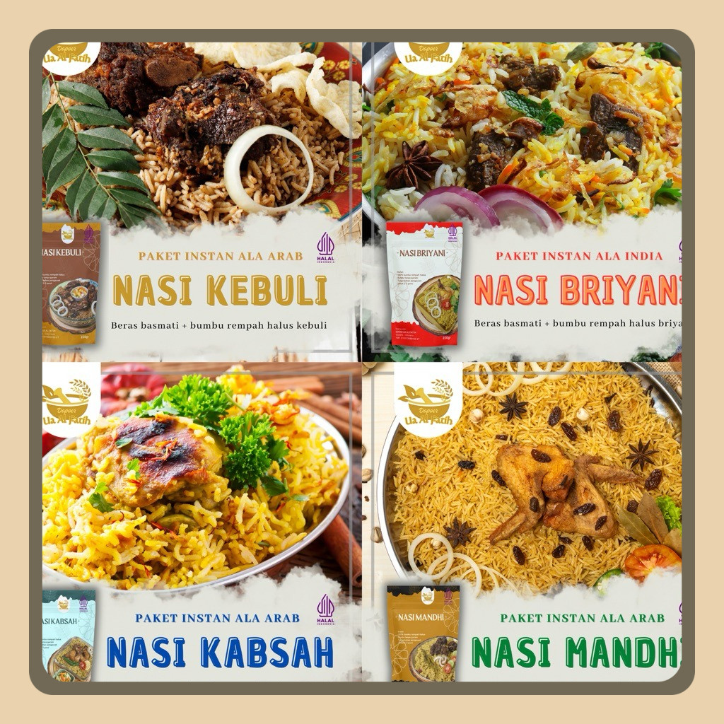 

Beras Basmati 200gr Bumbu rempah halus instan 8gr nasi kebuli nasi biryani nasi mandhi briyani kebuli mandhi kabsyah india timur tengah nasi kebuli instan praktis sehat untuk 2-3 porsi bumbu rempah halus merek dapoer ua al fatih makanan nasi instan