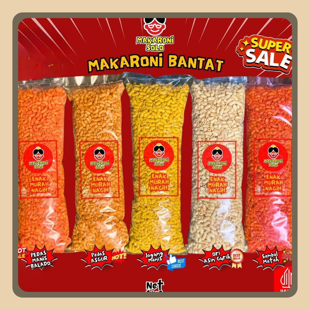 

1 BAL MAKARONI BANTAT KRESS 5 VARIAN RASA JAGUNG MANIS, ASIN GURIH, PEDAS BALADO, SAMBAL MATAH, MAKARONI SOLO