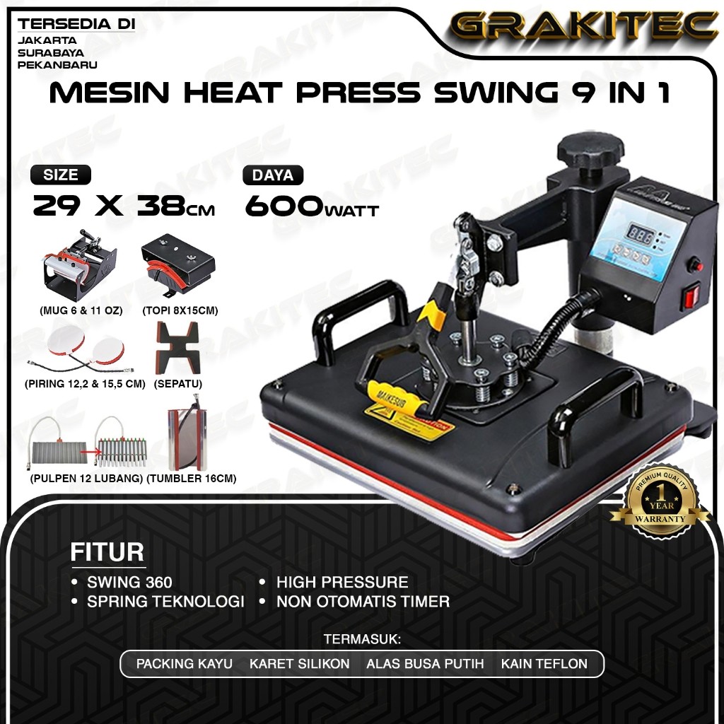 

Mesin Press Sablon Kaos Swing 29x38 600 Watt Multifungsi Combo All in One 3in1, 5in1, 9in1 Sliding - Kaos, Mug, Topi, dan Piring