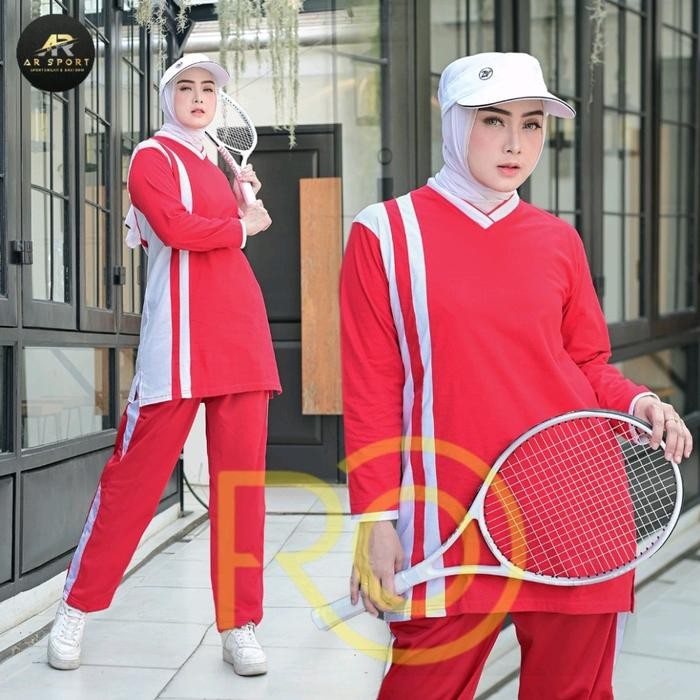 Stelan olahraga merah putih/Baju olahraga wanita merah putih Atasan Celana Muslim Panjang - MERAH PU