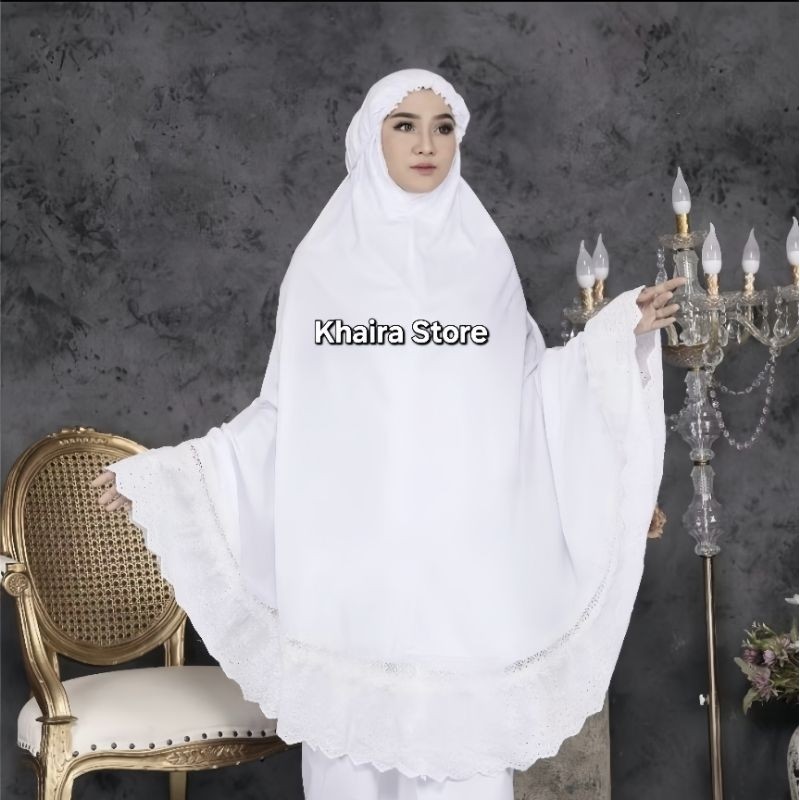 KHAIRA-Mukena Aisyah Putih Polos Renda Rempel Terbaru Kekinian | Dewasa Bahan Adem & Lembut Mukena B