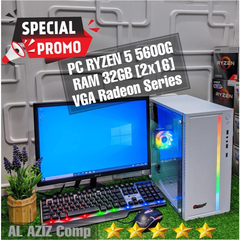 PC Gaming Fullset AMD Ryzen 5 5600G VGA Radeon Series RAM 32gb SSD 256gb Monitor LED 19"  Wi FiCO
