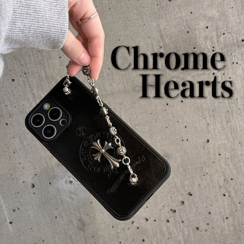 Luxury Chrome Hearts Soft Leather Retro Cross Silver Bracelet DIY Phone Case for iPhone 17 Pro Max 1