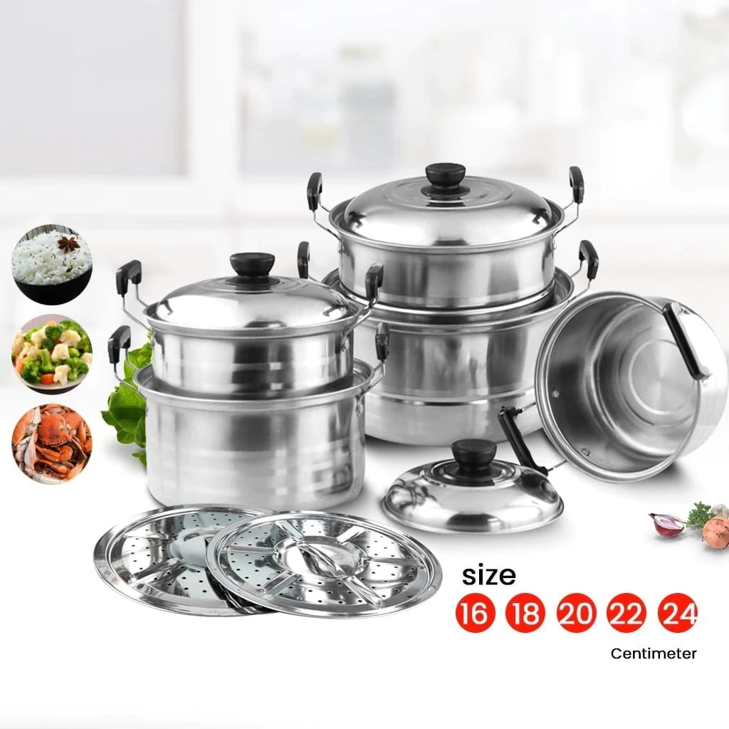 Panci set 12in1 kingko 555 stainless isi 5 set + steamer kukus high pot steamer anti karat panci ber