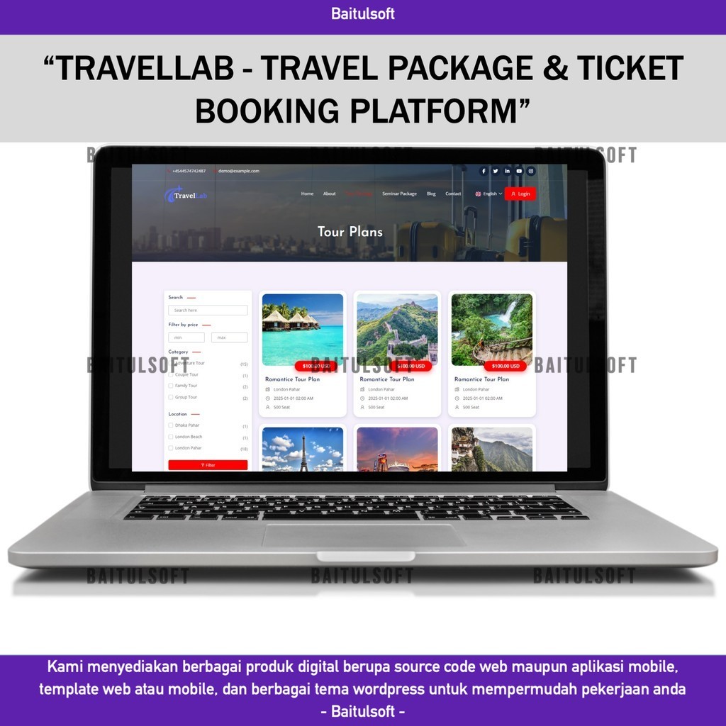 SOURCE CODE APLIKASI WEB TRAVELLAB - TRAVEL PACKAGE & TICKET BOOKING PLATFORM D305 BAITULSOFT