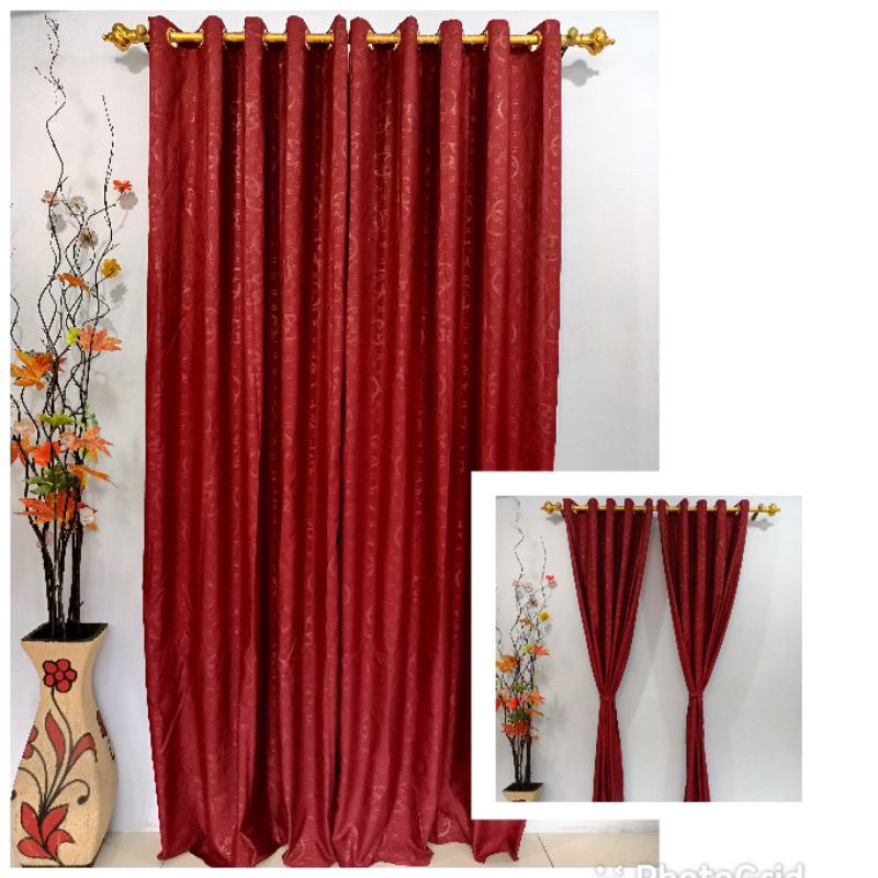 HOKICHAN Gorden Smokring + Poni Pintu Atau Jendela Motif Embos Emboss Polos Warna Merah Maroon