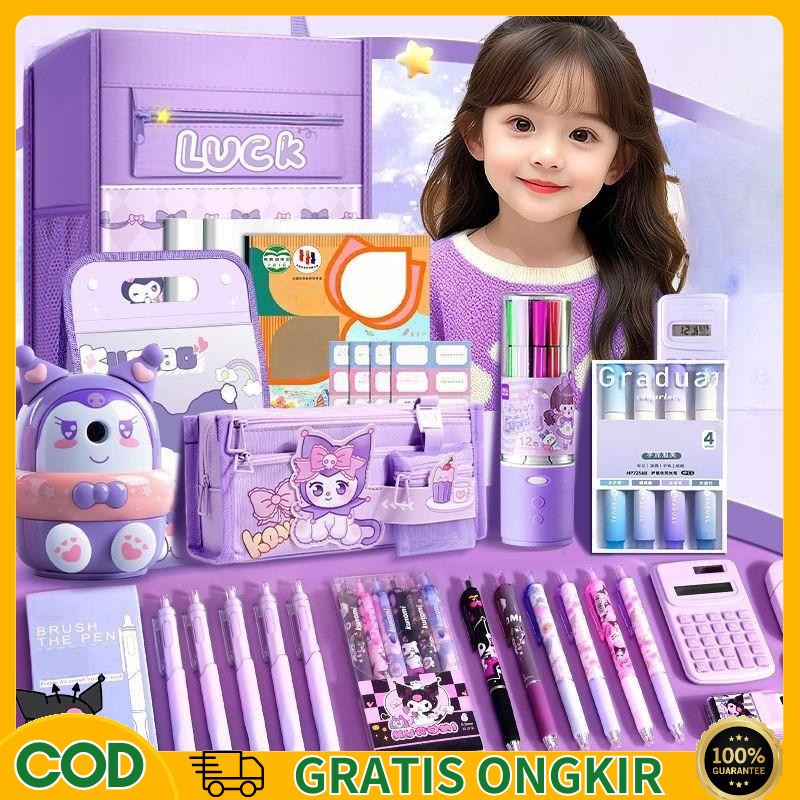 

[Penjual Lokal] Set alat tulis Kuromi 45PCS / termasuk tas penyimpanan multifungsi, tempat pensil, rautan pensil, set alat tulis buku catatan, hadiah sekolah siswa