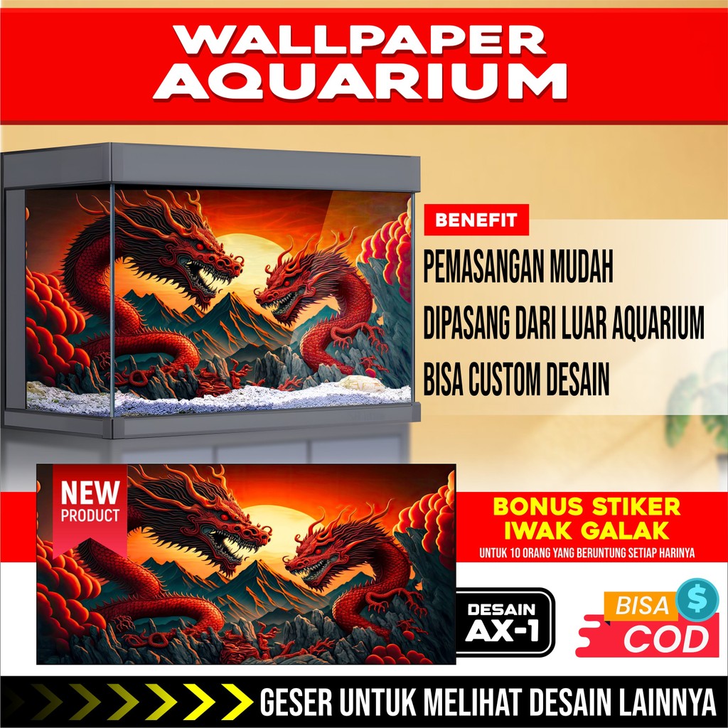 STICKER WALLPAPER BACKGROUND AQUARIUM BELAKANG 3D TEMA GAMBAR NAGA DRAGON AK