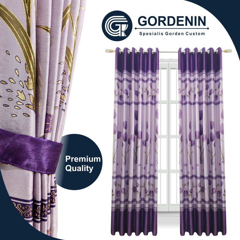 Gorden Blackout Motif Bunga Tulip 6 Gelombang 8 Gelombang Warna Ungu Tua | Tirai Jendela Pintu Co