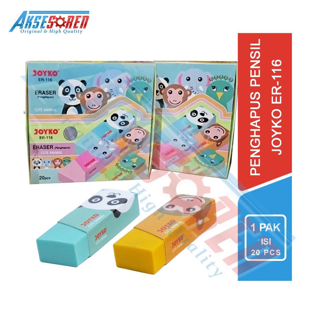 

Aksesoren Penghapus Pensil Joyko ER-116 [1 Pack/20pcs] / Eraser Pencil Motif Animal / Stip Besar Pemadam Hapusan Pinsil Gambar Hewan 1 Pak