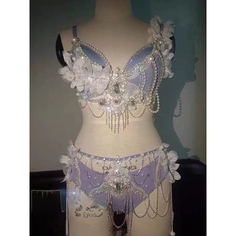 2Style Show Festival Clothes Women Nightclub Pole Dance Costume Pearl Rhinestone Bikini Rave Bar DJ 