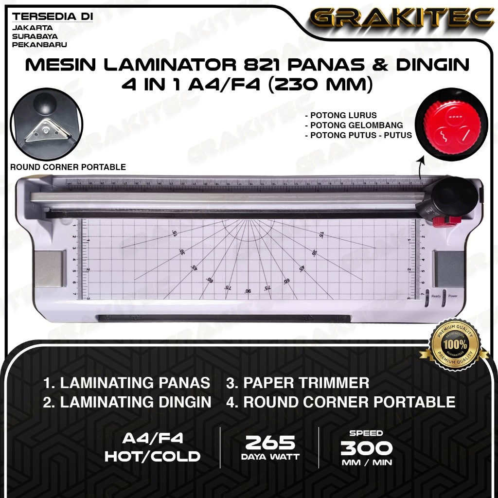 Grakitec Mesin Laminating A4/F4 (4in1) 230mm (Bisa Laminating Panas dan Laminasi Dingin, untuk KTP, 