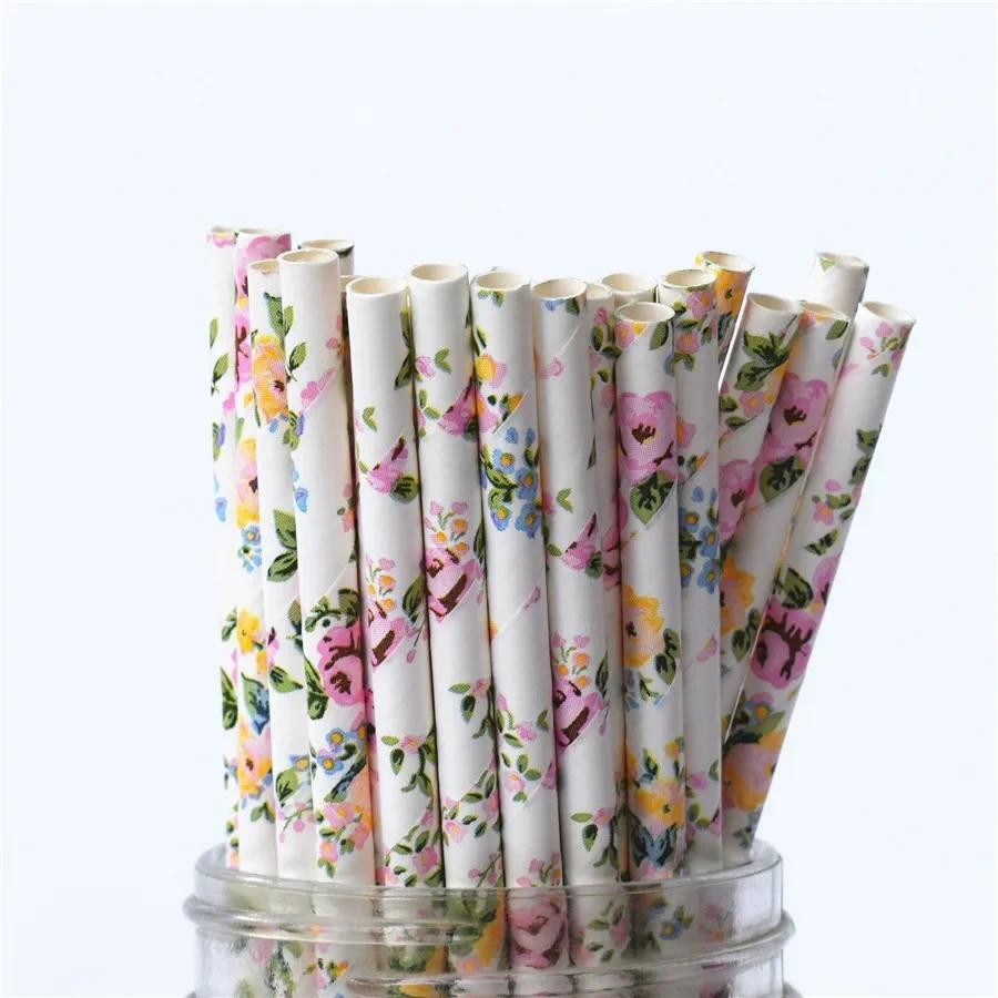 

25/50/100pcs Romantic Paper Straws Biodegradable Vintage Retro Floral Drinking Paper Straws Christmas Decoration Wedding Events