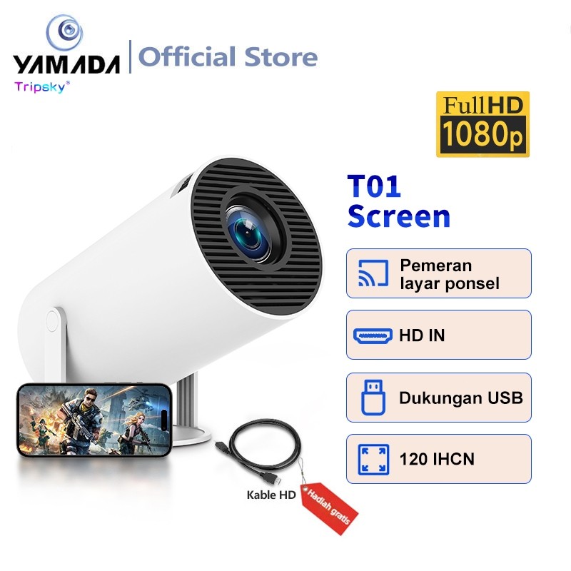 Proyektor T01 Screen 1080p Telepon Wireless Portability Proyektor 5000 Lumens Projector